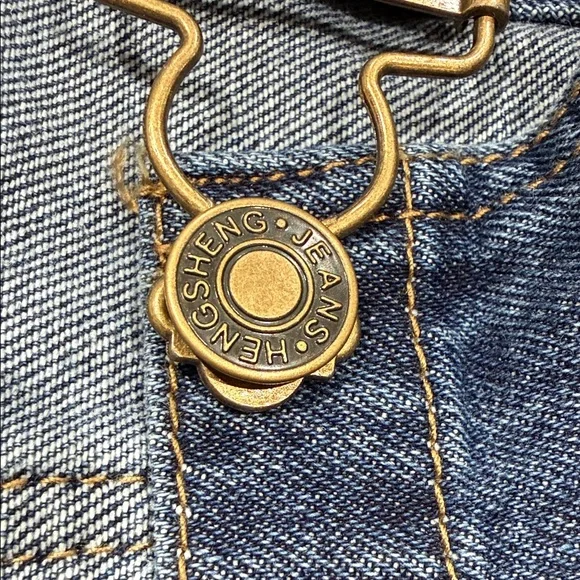 Heng Sheng Women's Blue Denim Overalls flare legs Size L - Picture 2 of 11